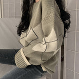 Trizchlor Woman Argyle Sweaters Autumn Winter 2023 Pullovers Long Sleeve O-Neck Loose Knitted Korean Tops Casual Vintage Jumper