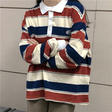 Trizchlor Retro Ins Stripe Hit Color Wild Loose Polo Collar Pullover Sweatshirt Women Loose Harajuku Street Korean Style Top Autumn