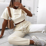 Trizchlor Women Casual Solid White Two Piece Pants Set Crop Top Lounge Tracksuit wear Loose Fashion Suit Outfit Summer Ladies Clothes 2021