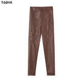 Christmas Gift High Waist Spliced Loose Leather Pants Women Autumn Solid Drawstring PU Leather Trousers Women Straight Pants Female 2021