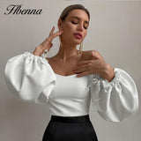 Trizchlor Off Shoulder Blouse Lantern Sleeve Elegant Top Women Long Sleeve Slash Neck Lady Casual Autumn Cropped Blouse White Solid