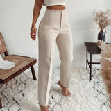 Trizchlor Spring Trousers Women 2023 High Waisted Pant Sets Seam Detail Korean Fashion Office Lady Beige Casual Famale Stright Pants 0524