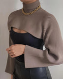 Trizchlor 2023 Spring Coffee Knitted Turtleneck Sexy Women Crop Tops Sweaters Flare Sleeve Pullover Female Shawl Sweater Short Top Loose