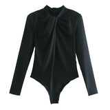 Trizchlor Vintage Bodysuit Women 2022 Sexy Full Sleeve Pleated With Hidden Button Slim Body Mujer Elegante Femme Lingerie Bodysuit