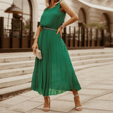 Trizchlor V Neck Summer Long Pleated Dress Women Chiffon Sleeveless Maxi Office Robe 2022 New Female Elegant Green A Line Party Dresses