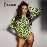 Trizchlor Women Long Sleeve Leopard Skin Prinetd Bodysuit Sexy Neon Green Streetwear Jumpsuit Skinny Leopard Tops Fashion Rompers