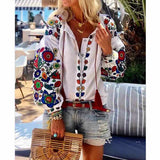 New Fashion Boho Shirts Womens Long Puff Sleeve Shirt Flower Print V-Neck Tops Casual Loose Top Ladies Blouse Ladies Clothes