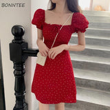 Christmas Gift Retro Dress Women French Dot Summer Prairie Chic Red Vacation A-line Empire Girls Clothes Square Collar Vintage Female Sundress