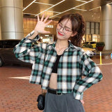 Trizchlor Blouses Shirts Women Plaid Long Sleeve Crop Top All-Match Korean Style Leisure Preppy Street Loose Womens Fashion Ins Chic Retro