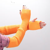 Trizchlor Women Fine Long Knitted Fingerless Gloves Over Elbow Arm Warmers Casual Sleeves Punk Soft Female Goth Lolita Accessories Gloves
