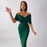 Trizchlor Elegant Party V-neck Off the Shoulder Dress for Women Dresses Fashion High Waist Tight Green Dress Female Birthday