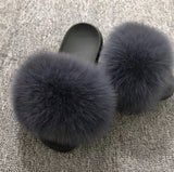 Hot Summer Women Fox Fur Slippers Real Fur Slides Female Indoor Flip Flops Casual Raccon Fur Sandals Furry Fluffy Plush Shoes