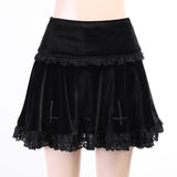Trizchlor halloween Goth Cross Black Skirt Vintage Lace Trim A Line Mini Skirt Gothic Grunge Y2K High Waist Ruffle Summer Skirt Women 2022