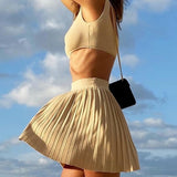 Trizchlor Summer Sexy Women Set Knit Summer Sleeveless Crop Top And Mini Skirts A Line Pleated Two Piece Sets Beach Outfits