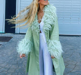 Trizchlor Autumn Winter Faux Fur Collar Long Coats With Belt Leather Jackets Women 2023 Y2K Green Elegant Single Breasted Warm Outerwear