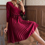 Trizchlor Red Surplice V Neck Pleated Hem Belted A-Line Dress Office Lady Fall Winter 3/4 Sleeve Midi Elegant Dresses Women Solid Clothes