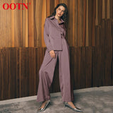 Trizchlor Blue Satin Home Suit Wear Spring Brown Long Sleeve 2 Piece Top And Pants Women Sets Loose Casual Solid Ladies Trousers Set