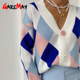 Winter Knitted 0versize Women's Cardigan Autumn Green Plaid V-neck Sweater Knit Coat Button Up Vintage Warm Cardigan for Women