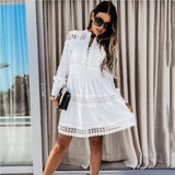 Christmas Gift Women's Stand Collar Knee-length Dress Solid Color Long Sleeve Hollow Stitching Dress