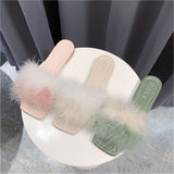 Trizchlor Summer Outdoor Mules Slippers Women Fashion Square Toe Furry Flat Shoes Office Ladies Feather Slides Chic Flats Green White Pink