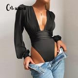 Trizchlor Black Deep V Neck Bodysuit Women Rompers Sexy Bodycon Jumpsuit Solid Elastic Casual Party Bodysuits Body Tops Overalls
