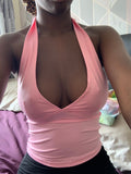 Trizchlor Halter Crop Top Women V-Neck Sexy Backless Tank Top Women Sleeveless Pink Top Elastics Skinny Clubwear Summer Vest 2022
