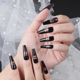 Trizchlor Halloween 24Pcs Press On Nails Coffin False Nails Sexy Pattern Design Black Long French Ballet Fake Nails Tips For Nails Nails Accessories