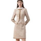 Trizchlor Khaki Dress Thick Tassel Slim Elegant Dress Tweed Winter Chic Plaid Dress Female Fashion Custom Midi Office Lady Dress
