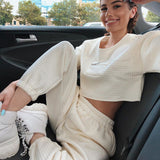 Trizchlor Women Casual Solid White Two Piece Pants Set Crop Top Lounge Tracksuit wear Loose Fashion Suit Outfit Summer Ladies Clothes 2021