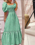 Trizchlor Summer Party Dress Women Green Robe Vintage Short Sleeve Square Collar Plaid Maxi Dresses Holiday Vestidos
