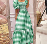 Trizchlor Summer Party Dress Women Green Robe Vintage Short Sleeve Square Collar Plaid Maxi Dresses Holiday Vestidos