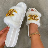Christmas Gift Fluffy Women Home Fur Slippers Winter Warm Furry Lining Cozy Platform Flat Chain Decoration Fashion Trend Slides Ladies Shoes