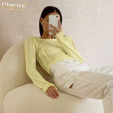 TRIZCHLOR Bodycon White O-Neck Women'S T-Shirt 2021 Elegant Yellow Long Sleeve Fall Tee Shirt Casual Slim Elastic Solid Top Female