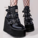 Trizchlor Brand Design Big Size 43 Black Gothic Style Cool Punk Motorcycles Boots Female Platform Wedges High Heels Calf Boots Women Shoes