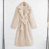 Trizchlor New Women Winter Warm Faux Fur Coat Thick Women Long Coat Turn Down Collar Women Warm Coat With Belt Casaco Feminino With Sash