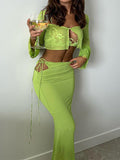 Trizchlor Green Lace See Through Tshirt Women High Waist Hollow Out Skirts Sexy Summer Two Piece Set Nightclub Beach Outfits