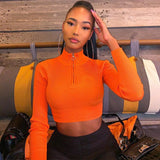 Trizchlor 2022 Spring Casual Neon Crop Tops T-shirt Women Solid Sexy Fitness Zipper Tees O-neck Long Sleeve T Shirts Blusas Female
