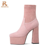 TRIZCHLOR 2022 High Heels Women's Boots Female Thick Platform Shoes Flock Ankle Boots Concise Solid Women Shoes Pink Black Autumn Winter