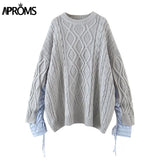 Trizchlor Aproms Fashion Striped Sleeve Spliced Pullovers Women Winter Thick Knitted Oversized Sweater Female Streetwear Long Jumpers 2021