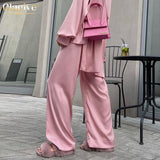 TRIZCHLOR Pink Satin High Waist Pants Set Women Elegant Long Sleeve Blouse Shirt Two Piece Pant Set Casual Wide Leg Trousers Suit