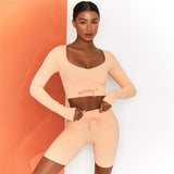 Trizchlor Casual 2 Pieces Sets Women 2022 Solid Long Sleeve Crop Top With Shorts Sets Slim Elastics Fashion Outfit O-Neck homewear