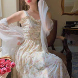 Thanksgiving Day Gift Trizchlor Franch Women Floral Chiffon Dresses Summer Pearl Chiffon Print Ruffle Strapless Party Long Midi Dress Holiday Feminine Vestidos
