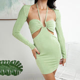 Trizchlor Halter Backless Bodycon Mini Dress Sexy Club Dress Cut Out Wrap Long Sleeve Dress Elegant Green Party Dresses