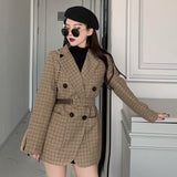 Trizchlor Vintage Houndstooth Jacket Blazer Women Plaid Lady Suit Jacket With Belt Long Sleeve Female Tailored Coat Street Wear New