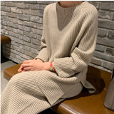Trizchlor 2022 Autumn Winter 2 Pieces Women Sets Knitted Tracksuit O-Neck Split Sweater and Wide Leg Jogging Pants Pullover Suits