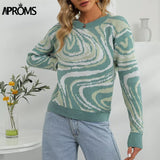 Trizchlor Elegant Green Flowing Swirl Knitted Sweater Women 2021 Winter Soft Stretch Pullovers Female Ribbed Warm Jumper Pull Femme