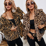 Trizchlor  2023 Autumn New Fall Outfit Winter Clothes for Women 2023 Leopard Zebra Print Lapel Plush Loose Faux Leather Jacket Jacket Warm Jacket Cardigan