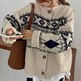 Trizchlor  2023 Autumn New Fall Outfits Ladies Cardigans Long Sleeve Knitted Argyle Sweater Women Loose Outer Wear Knitted Cardigan Sweater Single-Breasted Printed Knit