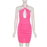 Halter Cut Out Sexy Summer Dress Women Backless Ruched Mini Bodycon Dress Night Club Birthday Party Dresses Green Pink