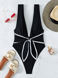 Trizchlor Sexy Deep Plunge V Neck Swimsuit Women Bowknot Front Swimwear High Cut Thong One Piece Swimsuit Female Backless Monokini